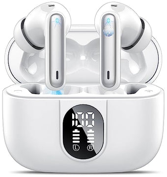 Csasan Wireless Earbuds Bluetooth 5.3 Headphones HiFi Stereo 40H Wireless Earphones with ENC Noise Cancelling Mic IPX7 Waterproof LED Display Touch Control Bluetooth Earbuds for Sport Work White