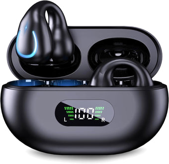 Open Ear Headphones Wireless Bluetooth 5.3 Clip On Earbuds with Digital Display Charging Case Button Control Bone Conduction Mini Sport Earphones Built-in Mic IPX7 Waterproof for Running Fitness Black