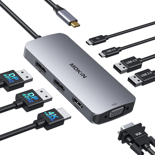 USB C Docking Station Dual DisplayPort 8 in 1 USB C Hub with 2 DP HDMI VGA USB C 2.0 2 USB A 2.0 PD Charging Port Multi Monitor Adapter for Dell/HP/Lenovo Laptops