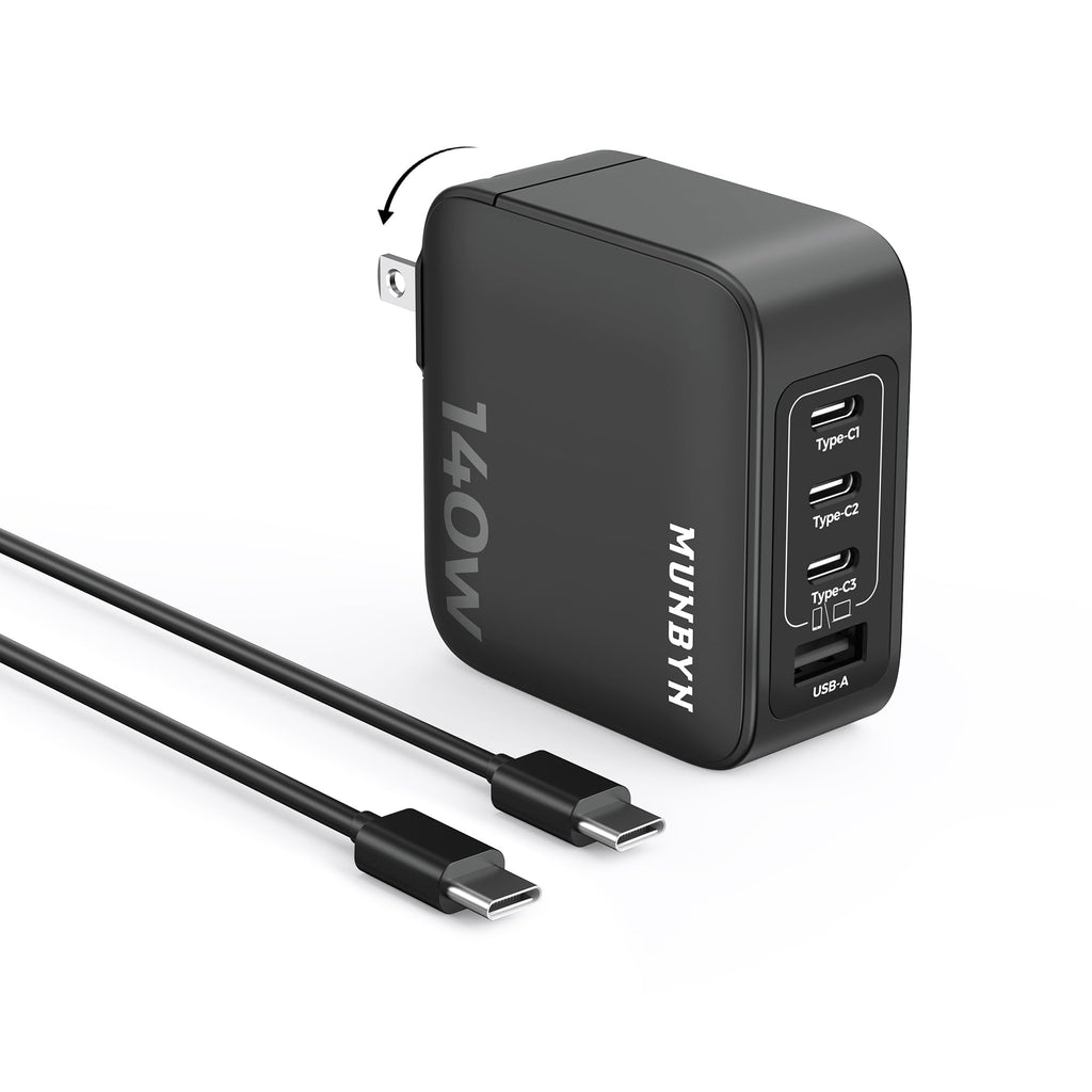 MUNBYN CR14 140W USB C GaN Wall Charger 4 Ports Fast Charging Compact & Foldable for MacBook Pro/Air iPhone 15/Pro iPad Pro Dell XPS 13 Galaxy Chromebook ThinkBook with 140W 3.2 FT Cable