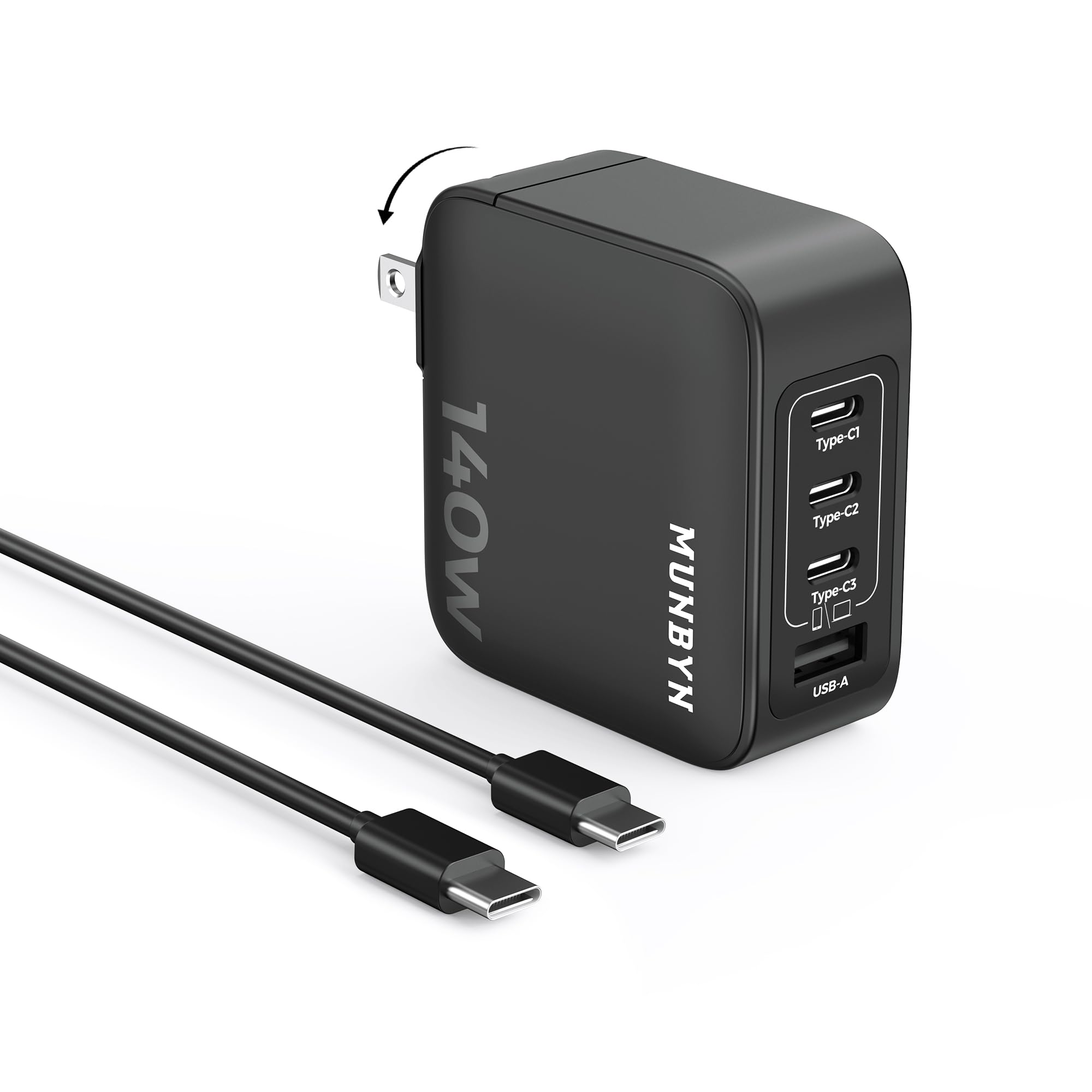 MUNBYN CR14 140W USB C GaN Wall Charger 4 Ports Fast Charging Compact & Foldable for MacBook Pro/Air iPhone 15/Pro iPad Pro Dell XPS 13 Galaxy Chromebook ThinkBook with 140W 3.2 FT Cable