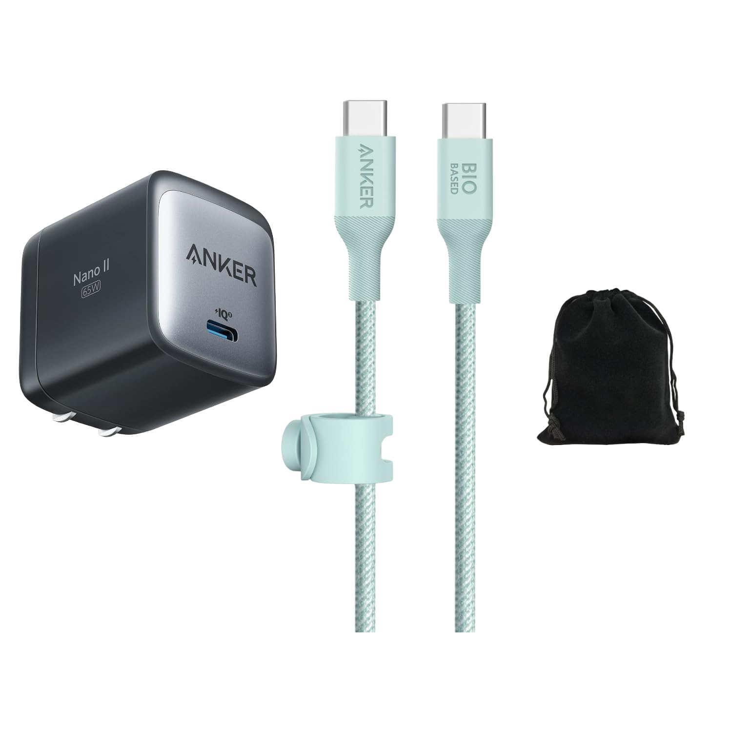 Anker Nano II 65W USB-C Power Adapter GaN Charger & Bio-Nylon USB-C to USB-C Cable 10ft Fast Charging for Laptops Tablets and Phones Heavy-Duty - 30000 Bend Lifespan Includes Travel Pouch