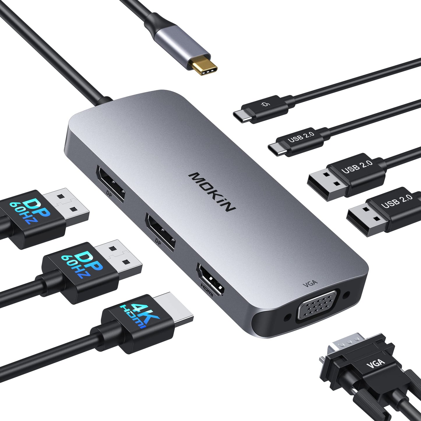 USB C Docking Station Dual DisplayPort 8 in 1 USB C Hub with 2 DP HDMI VGA USB C 2.0 2 USB A 2.0 PD Charging Port Multi Monitor Adapter for Dell/HP/Lenovo Laptops