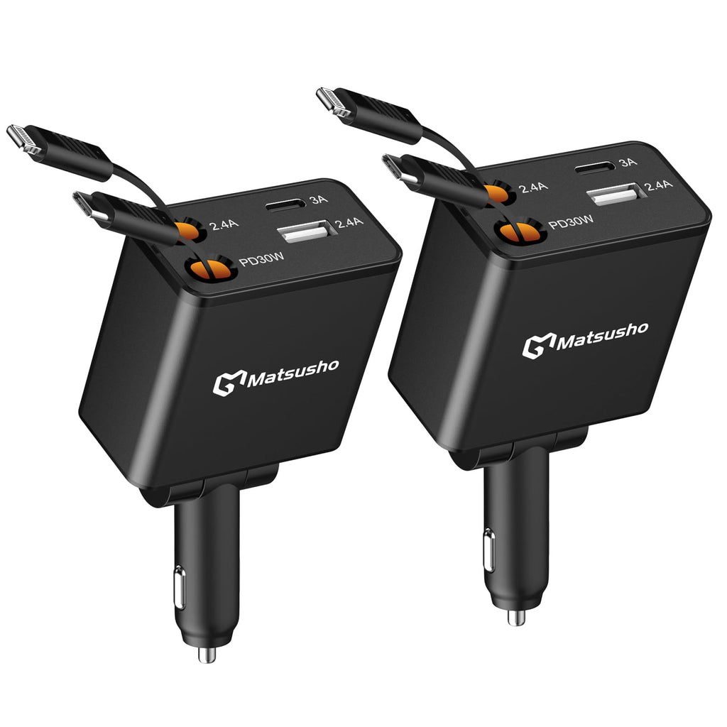 Retractable Car Charger 2 Pack 120W 4 in 1 Super Fast Car Phone Charger 120W Retractable Cable 2.6FT and 2 USB Ports Car Charger Adapter Compatible with iPhone 16 15 14 13 12 11 Pro Max Galaxy S24