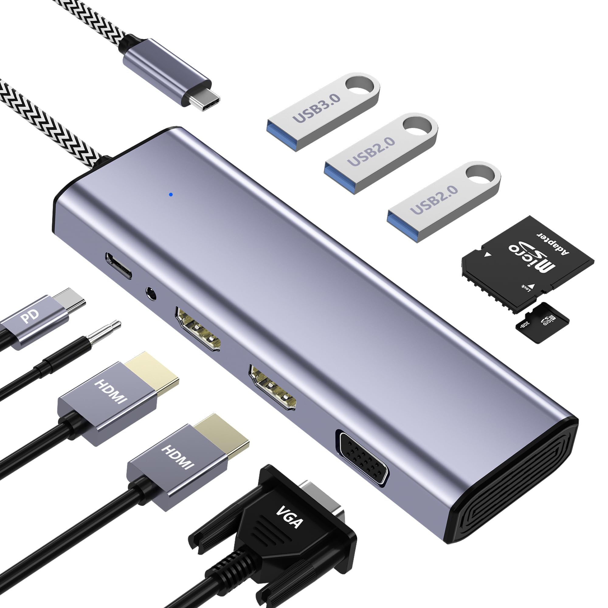 Docking Station Dual Monitor USB C to Dual HDMI Adapter Laptop Docking Station USB C Docking Station USB C Hub 10 in 1 Docking Station 3 Monitors with HDMI/VGA/PD/USB/SD/TF/3.5mm Audio