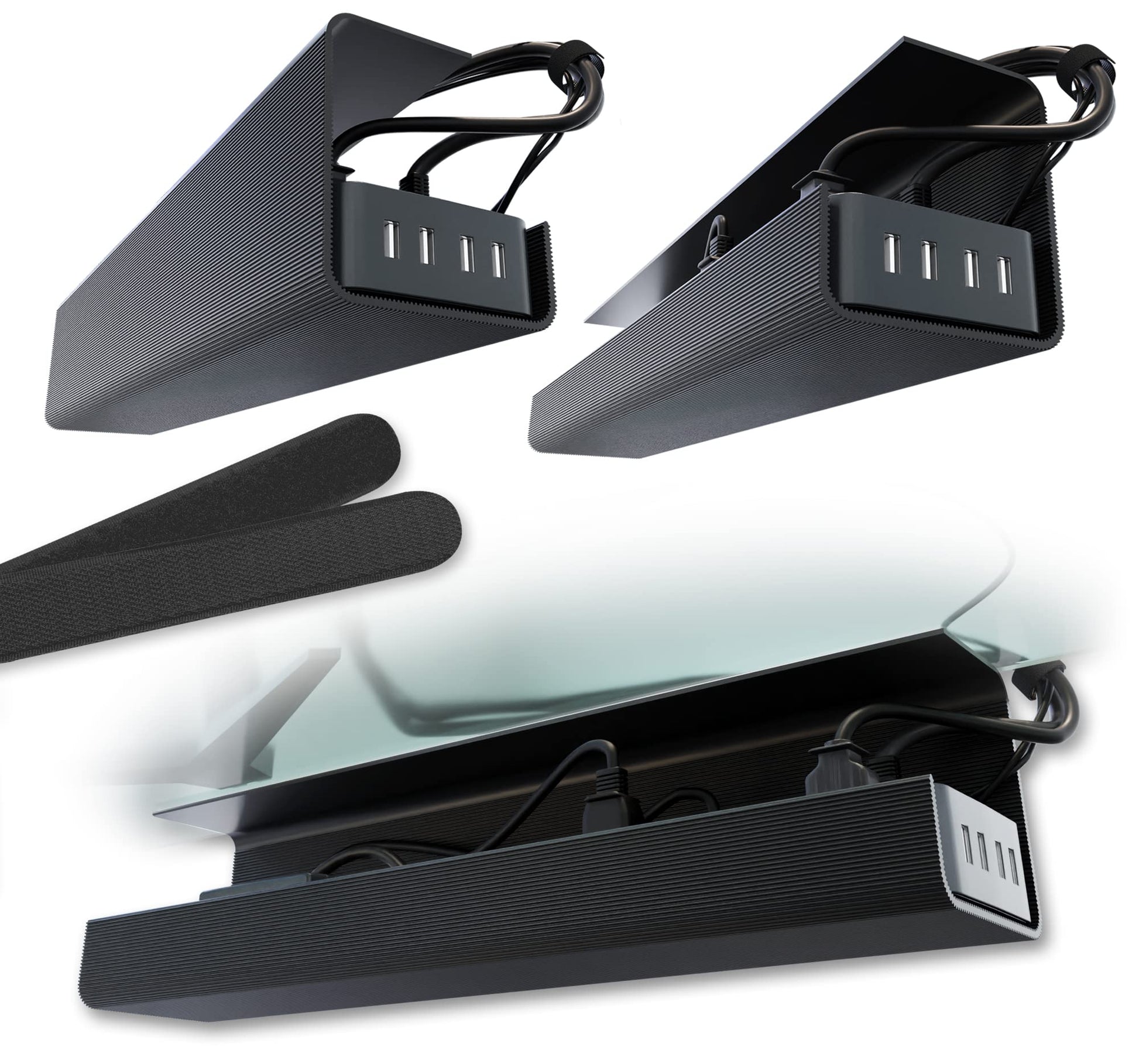 No-Screw Under Desk Cable Management Tray - Self-Adhesive Installation Cable Management Cable Management Under Desk Desk Wire Management Cable Tray Under Desk Cable Organizer - Black Set of 2
