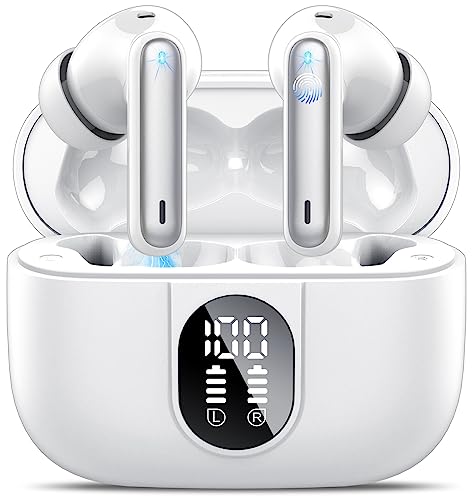Csasan Wireless Earbuds Bluetooth 5.3 Headphones HiFi Stereo 40H Wireless Earphones with ENC Noise Cancelling Mic IPX7 Waterproof LED Display Touch Control Bluetooth Earbuds for Sport Work White