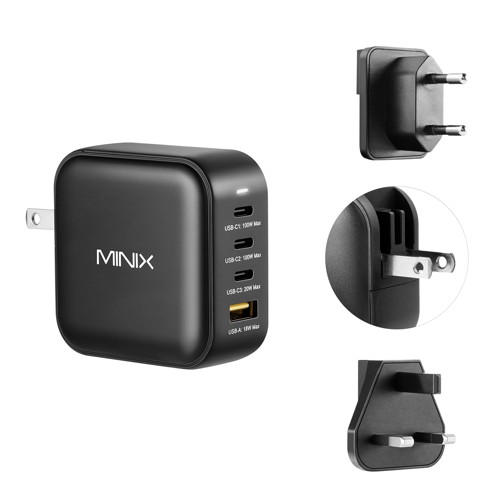MINIX 100W USB C Charger NEO P3 Turbo 4-Ports GaN Wall Charger 3 x USB-C Port Fast Charging Adapter(Max 100W/20W) 1 USB-A (Max 18W). Compatible with MacBook Pro Air Smart PhoneLaptop and More.