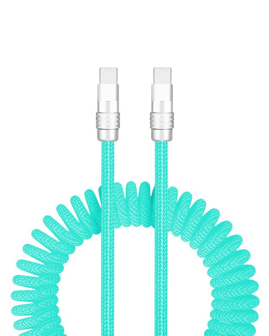 GentsStride Curly Chubby Retractable Car Charge Cable USB Type C Charger Fast Charging Cable Nylon Braided High Speed Data Transmission Cord Light Blue Type-C to Type-C 1.6FT-3.3FT