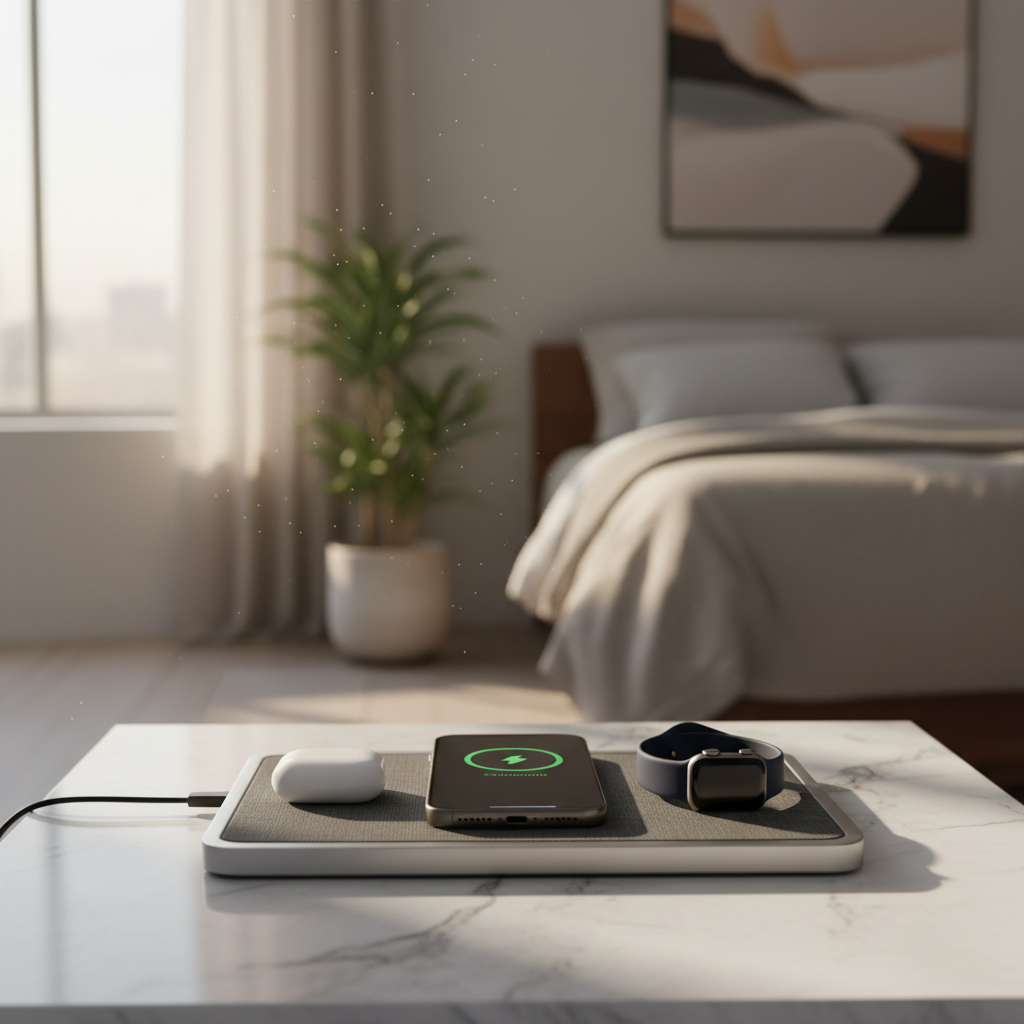 Cargador inalámbrico 3 en 1 sobre mesita de noche con iPhone, AirPods y Apple Watch — ambiente premium